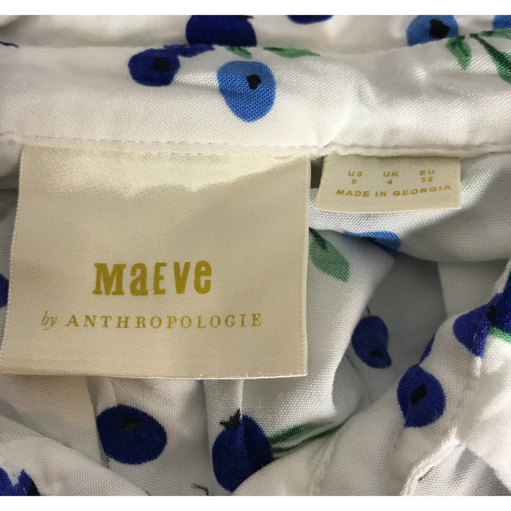 Anthropologie Maeve Blithe Blueberry Tie Sleeve Button Front Blouse White Blue 0 - Picture 10 of 12